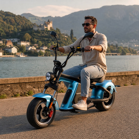 E-Chopper Mango 8.0 in Blau, unterwegs in der Schweiz