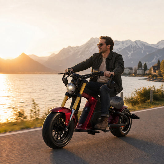 E-Chopper Mango 8s in Rot, unterwegs in der Schweiz